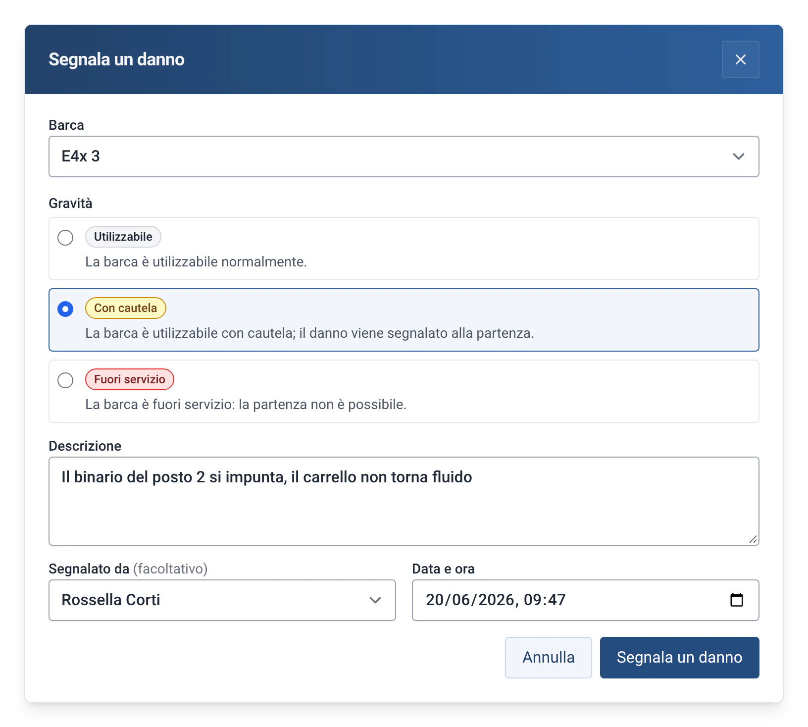 Finestra di segnalazione di un danno in RowingBeacon per la barca E4x 3, con gravità e descrizione
