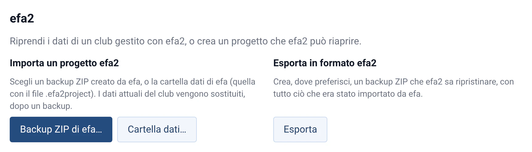 La sezione efa2 di Gestione › Dati in Rowing Beacon: importare un progetto efa2 da un backup ZIP o da una cartella dati, o esportare in formato efa2