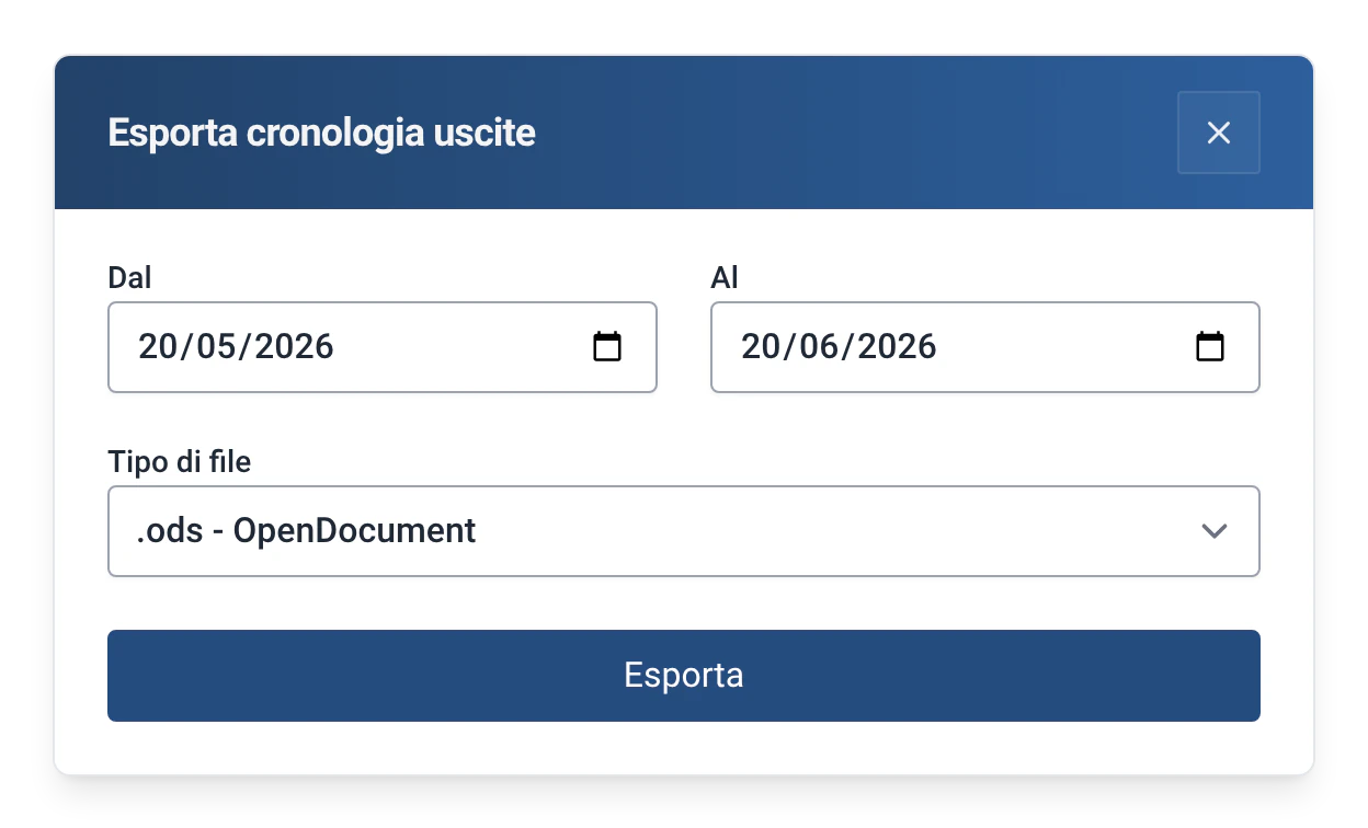 Finestra «Esporta cronologia uscite» di RowingBeacon: periodo e tipo di file (ods, xlsx, json o csv)