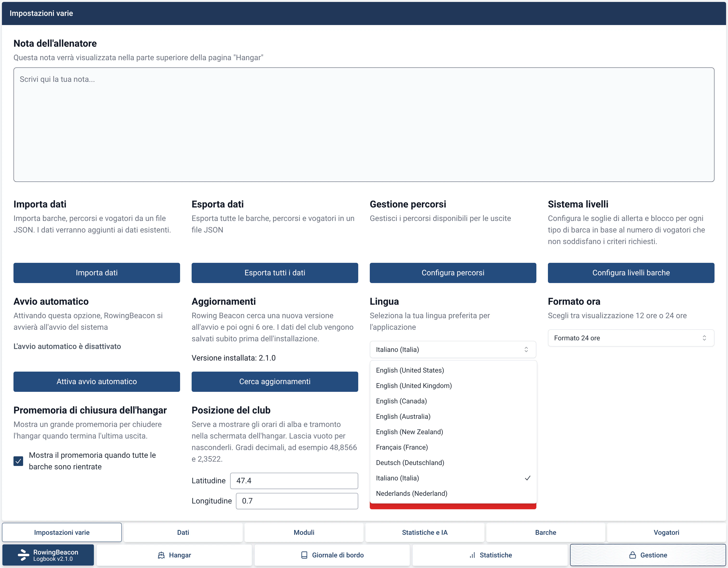 Gestione › Impostazioni varie di RowingBeacon: l’elenco delle lingue disponibili