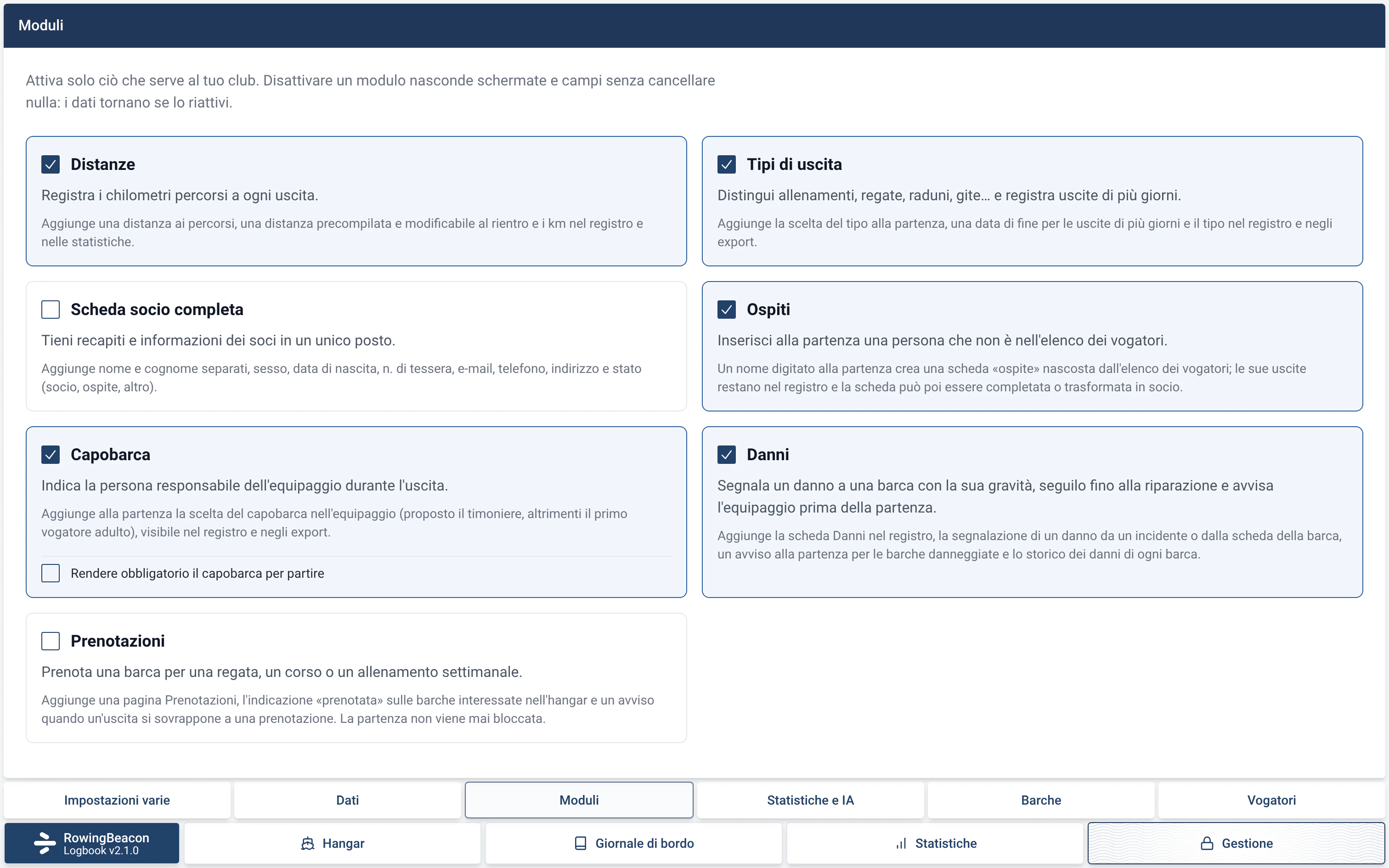 Pagina Gestione › Moduli di RowingBeacon: i sette moduli, ciascuno con la sua casella