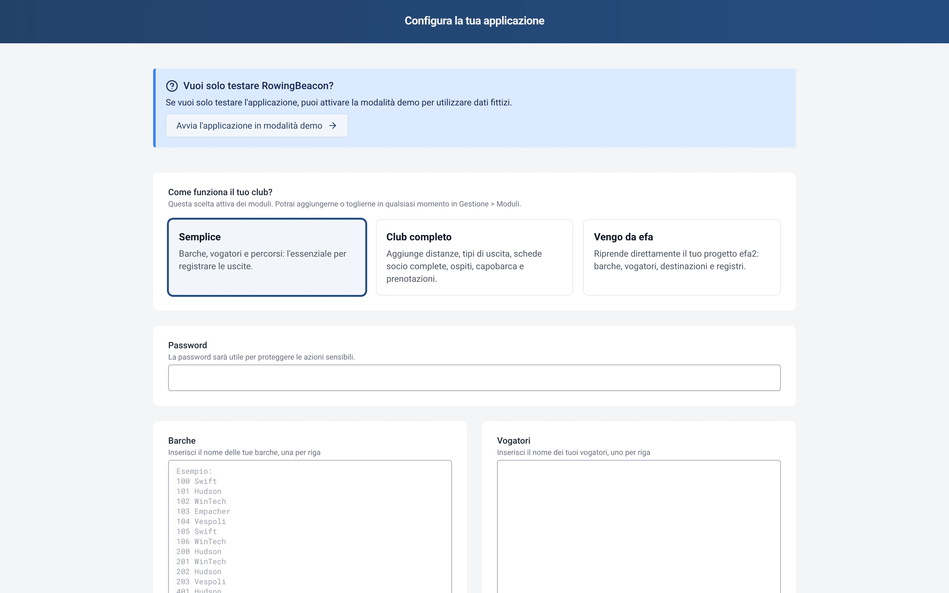 Primo avvio di RowingBeacon: scelta del profilo Semplice, Club completo o Vengo da efa
