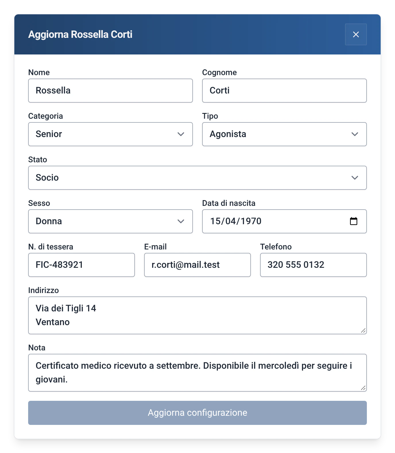 Scheda di Rossella Corti in RowingBeacon con il modulo Scheda socio completa: data di nascita, tessera, e-mail, telefono e indirizzo