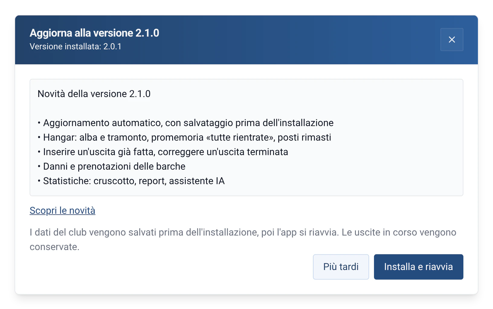 Finestra di aggiornamento di RowingBeacon: dalla versione 2.0.1 alla 2.1.0, con note di rilascio e backup prima dell’installazione