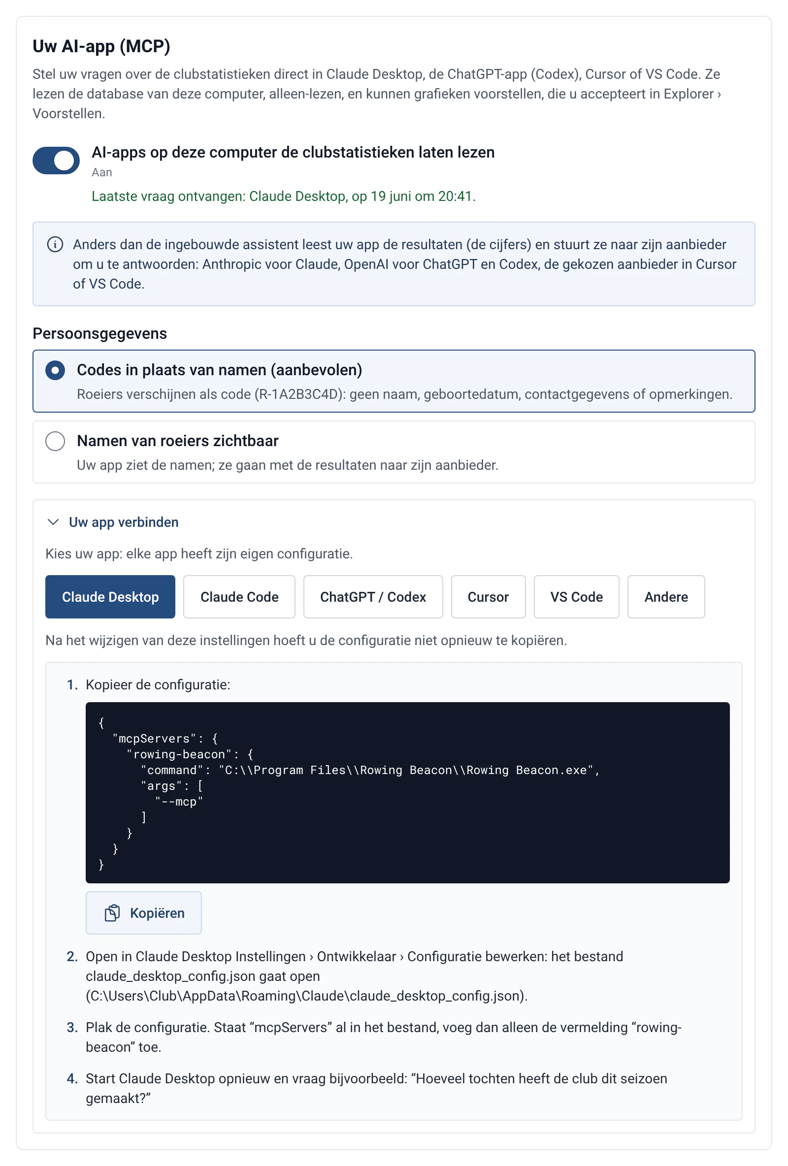 Instellingen van de MCP-server van RowingBeacon om een assistent zoals Claude Desktop te koppelen