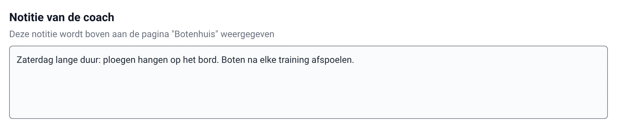 Veld ‘Notitie van de coach’ in RowingBeacon, onder Beheer › Diverse instellingen