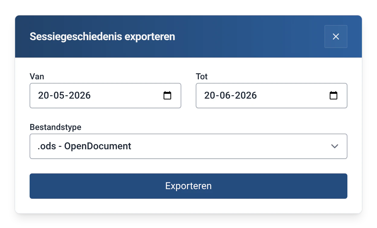 Venster ‘Sessiegeschiedenis exporteren’ in RowingBeacon: periode en bestandstype (ods, xlsx, json of csv)
