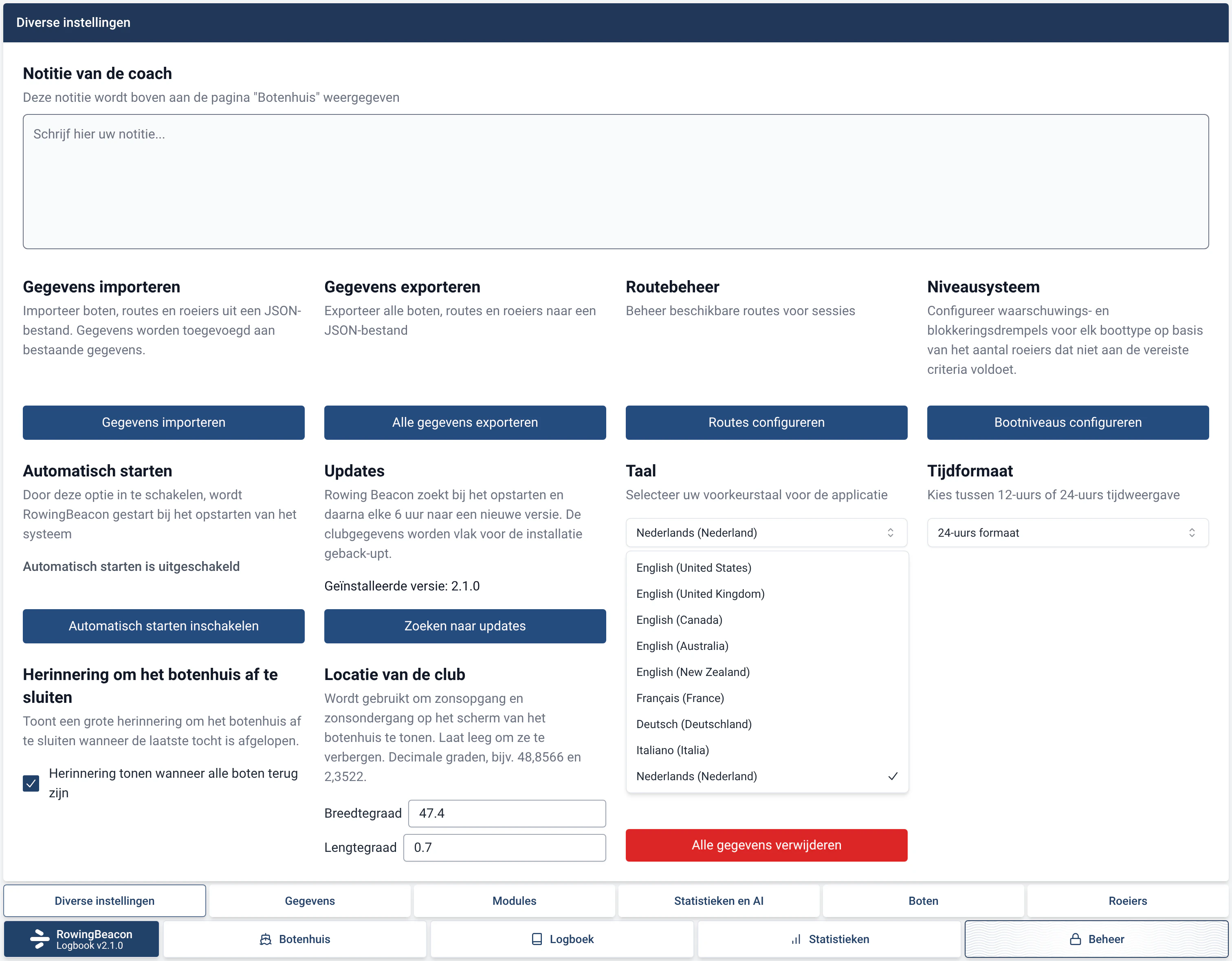 Beheer › Diverse instellingen in RowingBeacon: de lijst met beschikbare talen