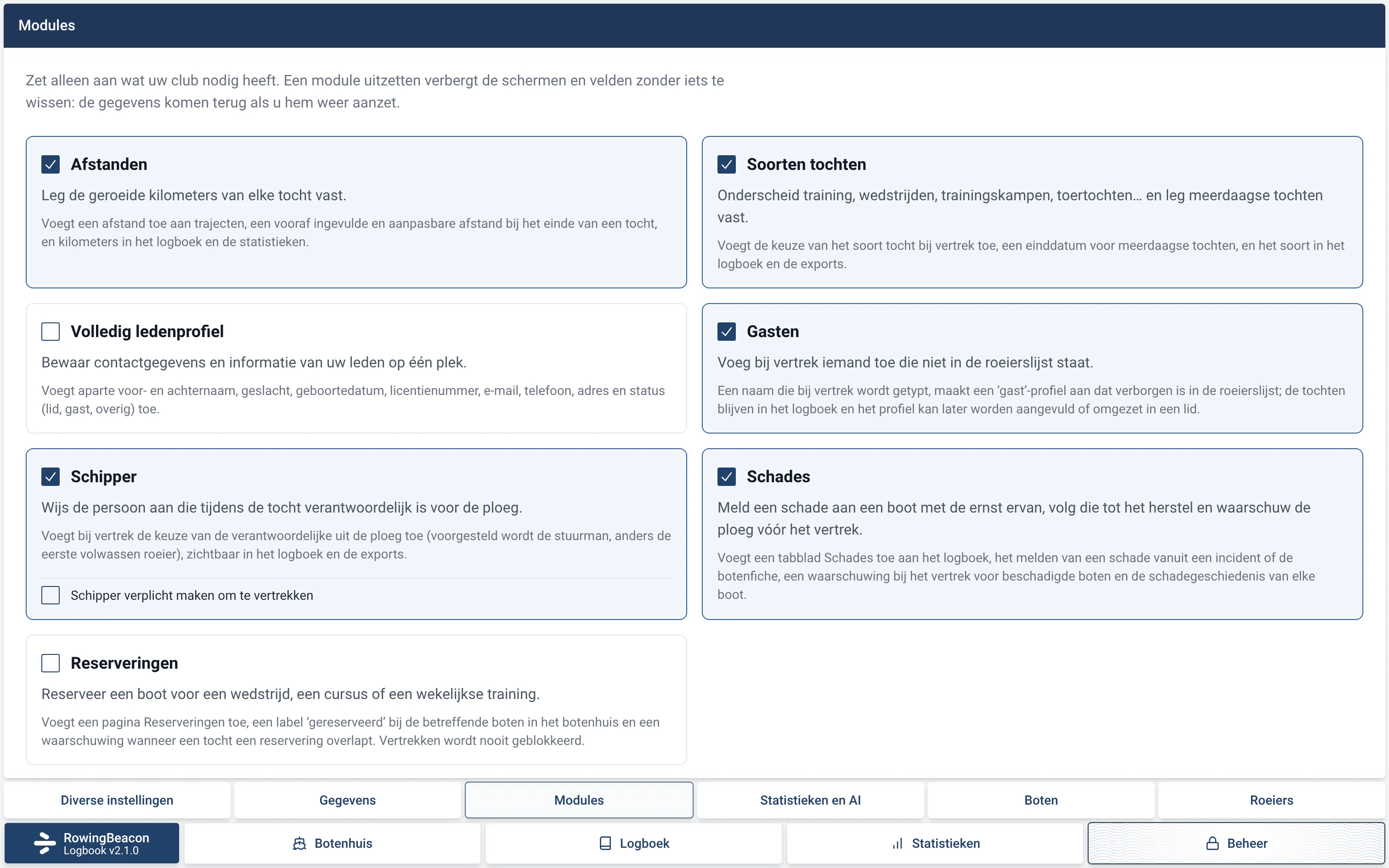 Pagina Beheer › Modules in RowingBeacon: de zeven modules, elk met een eigen selectievakje