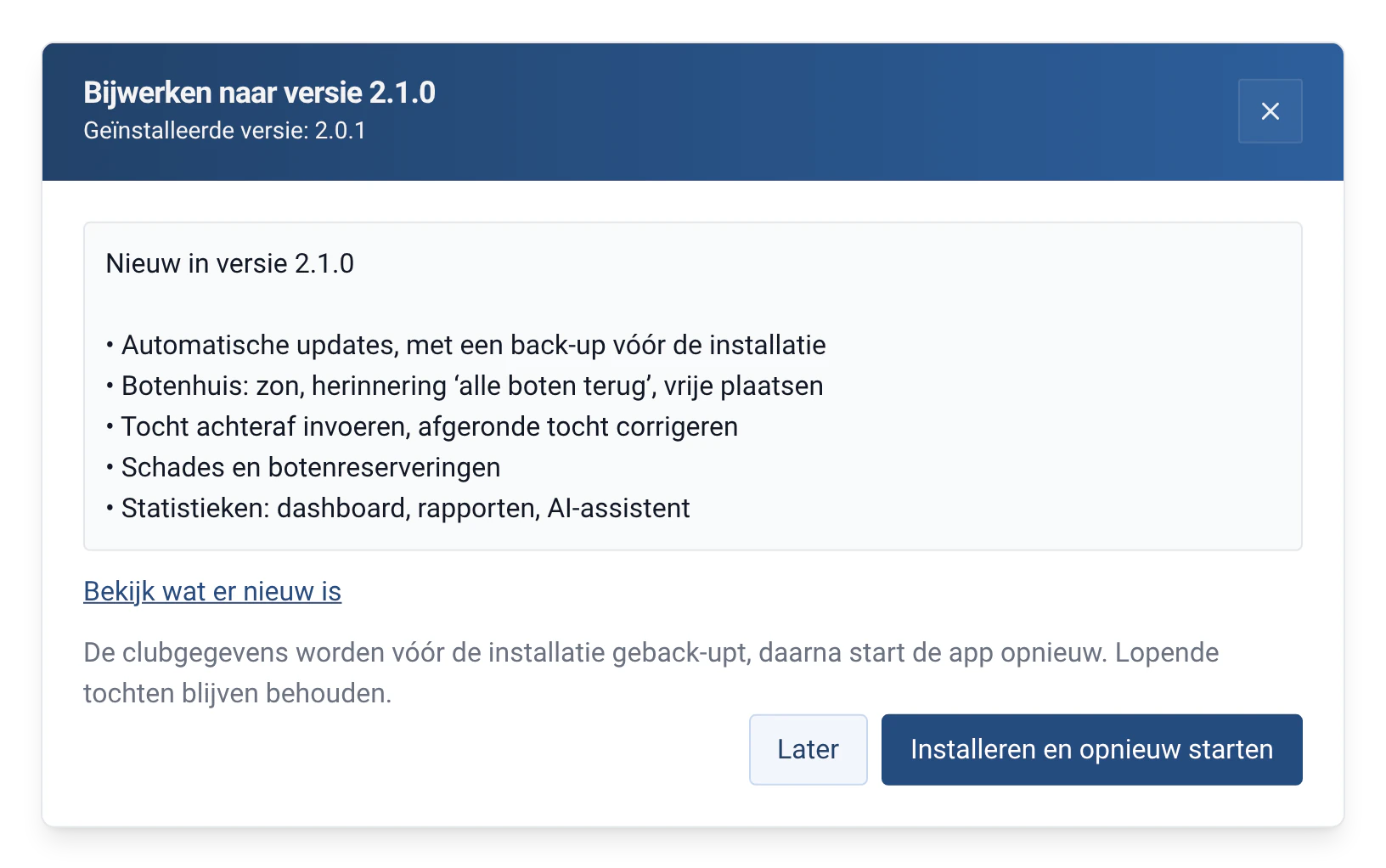 Updatevenster van RowingBeacon: van versie 2.0.1 naar 2.1.0, met releasenotes en back-up vóór de installatie