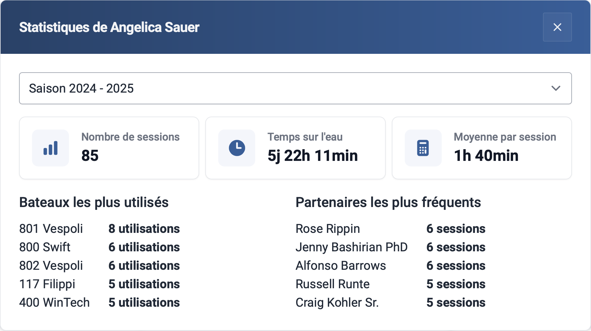 Screenshot des statistiques des bateaux sur le logiciel RowingBeacon